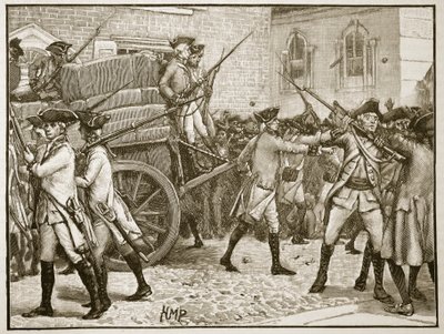 Żołnierze eskortujący ostemplowany papier do ratusza, Nowy Jork, 1766, ilustracja z Cassells Illustrated History of England (zdjęcie w sepii) autorstwa English School