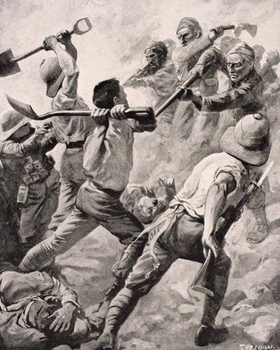 Tureccy i brytyjscy żołnierze w walce wręcz na Półwyspie Gallipoli Turcja 1915, z „The War Illustrated Album deLuxe”, opublikowanej w Londynie, 1916 autorstwa English School