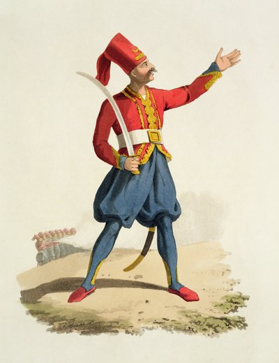 Turecki żołnierz, z Stroje różnych narodów, tom VII, Strój wojskowy Turcji, Thomas MacLean, wydana ok. 1800-18 (akwatinta ręcznie kolorowana) autorstwa English School