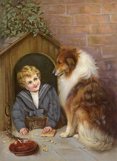Turned Out - Chłopiec udający psa rasy Collie (kolorowa litografia) autorstwa English School