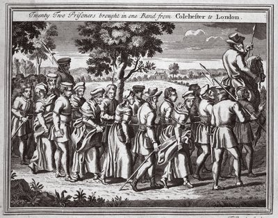 Dwudziestu dwóch więźniów przywiezionych w jednym zespole z Colchester do Londynu, ilustracja z Foxes Martyrs ok. 1703 r. autorstwa English School