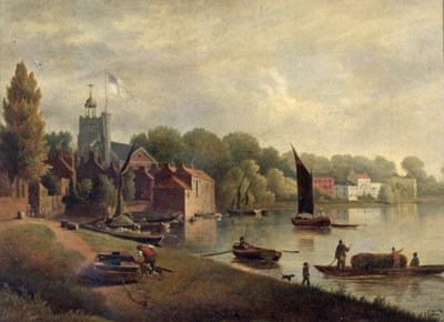 Kościół Twickenham patrząc w dół rzeki, 1800-30 autorstwa English School