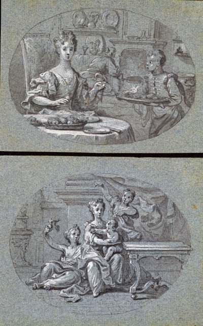 Dwie sceny domowe, ok. 1725 (czarno-biała kreda na niebieskim papierze) autorstwa English School