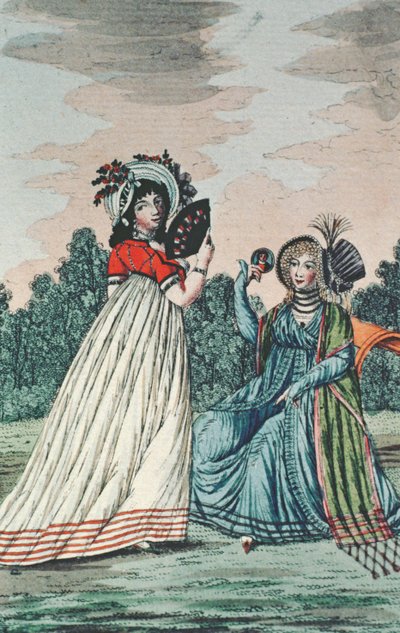Dwie modne damy w ogrodzie, ok. 1800 (kolor grawerowany) autorstwa English School