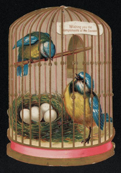 Dwie niebieskie cycki w klatce, kartka z życzeniami bożonarodzeniowymi (chromolitho) autorstwa English School