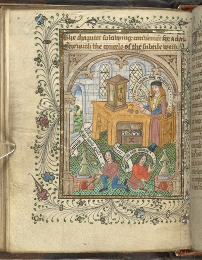 Dwóch mężczyzn zajmujących się piecami i uczony w szacie, być może Norton, z alembikami, z „Ordinal of Alchemy” Thomasa Nortona (wellum) autorstwa English School