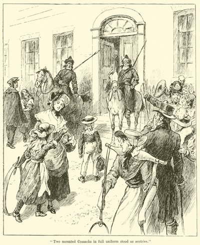 „Dwóch konnych Kozaków w pełnym umundurowaniu stało na warcie” (rycina) autorstwa English School
