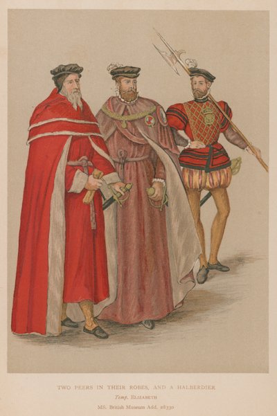 Dwóch rówieśników w szatach i Halberdier z epoki elżbietańskiej autorstwa English School