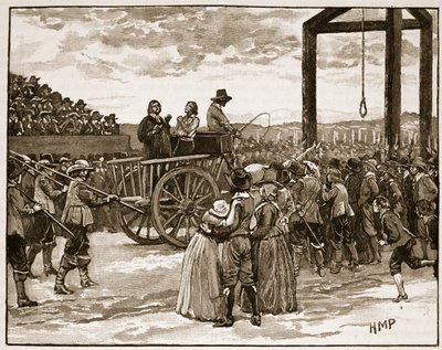 Tyburn w czasach Karola I, ilustracja z Cassells Illustrated History of England (zdjęcie w sepii) autorstwa English School