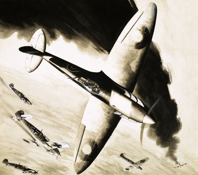 Үл мэдэгдэх Spitfire Германы сөнөөгчтэй тэмцэлдэж байна autorstwa English School