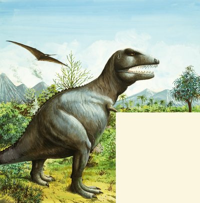 Niezidentyfikowana scena dinozaura z T Rexem i Pterodactylem autorstwa English School