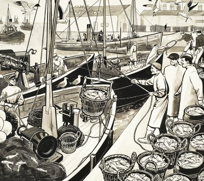 Niezidentyfikowany port rybacki z rybami na nabrzeżu autorstwa English School