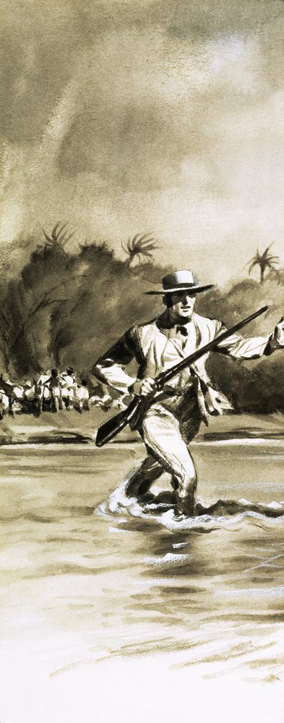 Niezidentyfikowany mężczyzna ucieka przez rzekę autorstwa English School