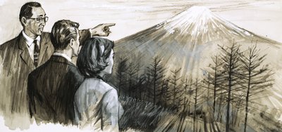 Niezidentyfikowany mężczyzna wskazujący na górę Fuji w Japonii autorstwa English School