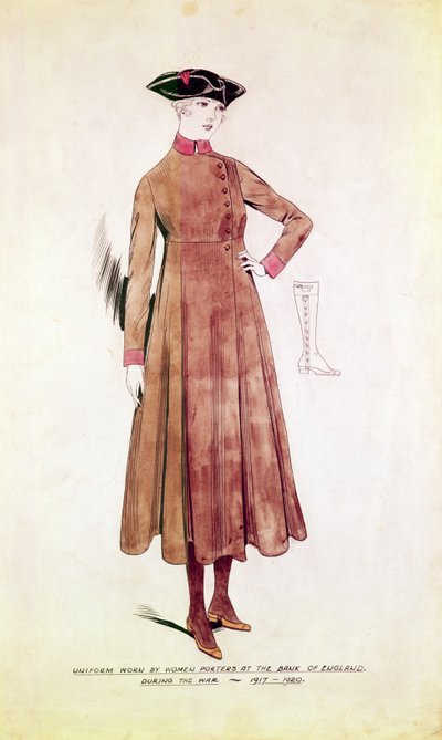 Mundur noszony przez kobiety tragarzy w Banku Anglii 1917-20 (pióro i atrament z toaletą na papierze) autorstwa English School