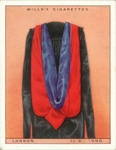 Uniwersyteckie kaptury i togi: Uniwersytet Londyński, doktor prawa, LLd, Lond (kolorowa litografia) autorstwa English School