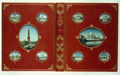 Górna i dolna okładka, dziesięć owalnych miniatur meczetów, ze złoconymi bordiurami autorstwa English School