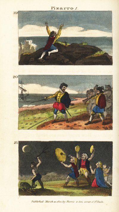 Vasco Nunez de Balboa docierający do Pacyfiku 19, Francisco Pizarro oddzielający swoich ludzi linią na piasku na wyspie Gallo 20 i Peruwiańczycy obawiający się zaćmienia Księżyca 21 autorstwa English School