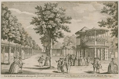 Vauxhall Gardens, Londyn, pokazujący Grand Walk przy wejściu do ogrodu i Orkiestrę z odtwarzaną muzyką autorstwa English School