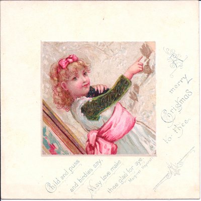 Wiktoriańska kartka świąteczna przedstawiająca młodą dziewczynę trzymającą kota i wskazującą na coś palcem, ok. 1880 (litografia kolorowa) autorstwa English School