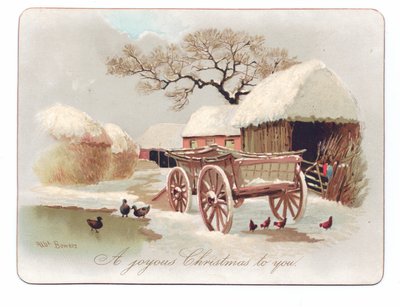 Wiktoriańska kartka świąteczna przedstawiająca kaczki i kurczaka w pobliżu stawu na podwórku, ok. 1880 r. (kolor lito) autorstwa English School