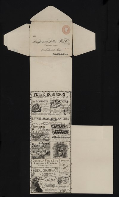 Wiktoriańska papeteria pocztowa firmy Halfpenny Letter Post Company, Leadenhall Street, Londyn (lito) autorstwa English School
