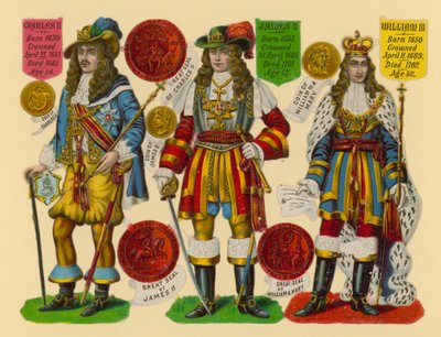 Złom wiktoriański: Król Karol II, Król Jakub II, Król Wilhelm III autorstwa English School