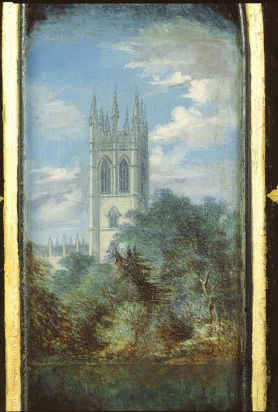 Wiktoriański panel szafki do szycia ozdobiony sceną Magdalen College w Oksfordzie (papier mache) autorstwa English School
