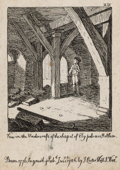 Widok w podziemiach kaplicy Pałacu Ely, Holborn autorstwa English School