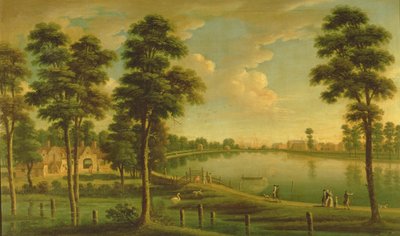 Widok na zbiornik Chelsea i wodociągi, z opactwem Westminster w oddali, ok. 1725 autorstwa English School