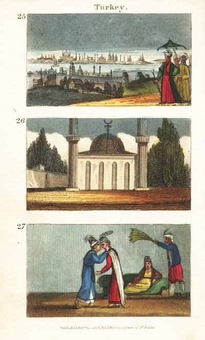 Widok na Konstantynopol (Stambuł) na początku XIX wieku 25, muzułmański meczet z kopułą i minaretami 26 oraz młode Greczynki całujące się w oczy 27 autorstwa English School