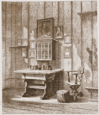 Widok pokoju Lutra w Wartburgu, ukazujący plamę atramentu na ścianie, ilustracja z Historii protestantyzmu Jamesa Aitkena Wylie (1808-1890), wyd. 1878 autorstwa English School