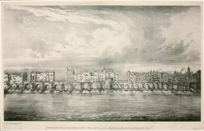 Widok na Old London Bridge jak za panowania królowej Elżbiety I autorstwa English School
