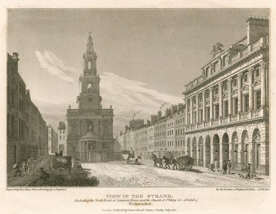 Widok na The Strand, w tym na północny front Somerset House i kościół St Mary-Le-Strand, Westminster, Londyn autorstwa English School