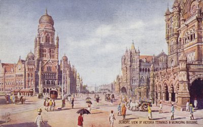Widok na Victoria Terminus i budynek komunalny w Bombaju (kolorowa litografia) autorstwa English School