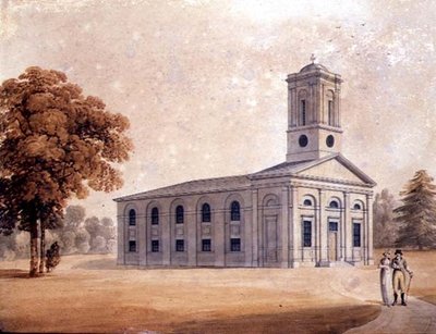 Widok neoklasycystycznego kościoła w parku, ok. 1790 (akwarela na papierze) autorstwa English School