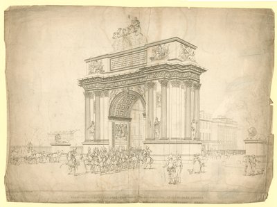 Widok łuku triumfalnego, który ma zostać wzniesiony w Hyde Park Corner autorstwa English School