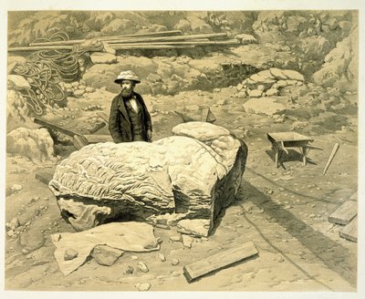 Widok kolosalnego lwa na boku, z Newtonem z tyłu, z Historii odkryć w Halicarnassus, Cnidus i Branchidae autorstwa Charlesa Thomasa Newtona (1816-94) opublikowanej w 1862 r. autorstwa English School
