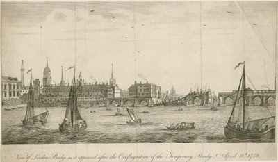 Widok starego London Bridge, jaki wyglądał po pożarze w 1758 r. autorstwa English School
