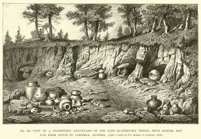 Widok prehistorycznego cmentarza z późnego czwartorzędu, niedaleko Klenika, niedaleko Littai w Krainie, Austria autorstwa English School