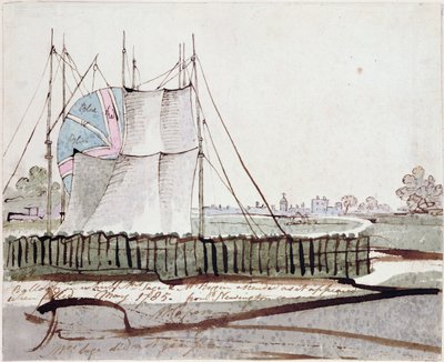Widok balonu w Newington Causeway, maj 1785 (atrament i toaleta na papierze) autorstwa English School