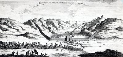 Widok Wielkiego Muru od strony, gdzie ambasador wjechał do Chin, z „Zbioru podróży i podróży” Johna Harrisa, 1748 autorstwa English School