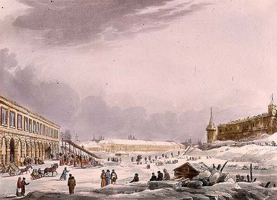 Ledo kalvų vaizdas per karnavalą Maskvoje, 8 plokštė iš „Istorinis Maskvos eskizas“, pub. Rudolph Ackermann (1764-1834) 1813 (akvatinta)polis autorstwa English School