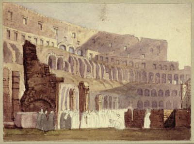 Widok rzymskiego Koloseum, ok. 1800 (wc i ołówek na papierze) autorstwa English School