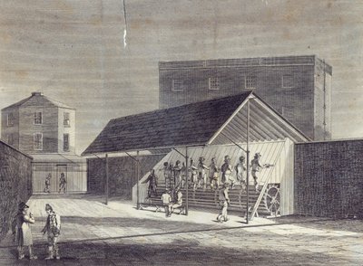 Widok młyna bieżnikowego do zatrudniania więźniów, wzniesionego przy House of Correction w Brixton, opublikowany przez Gent. Mag., lipiec 1822 r. autorstwa English School