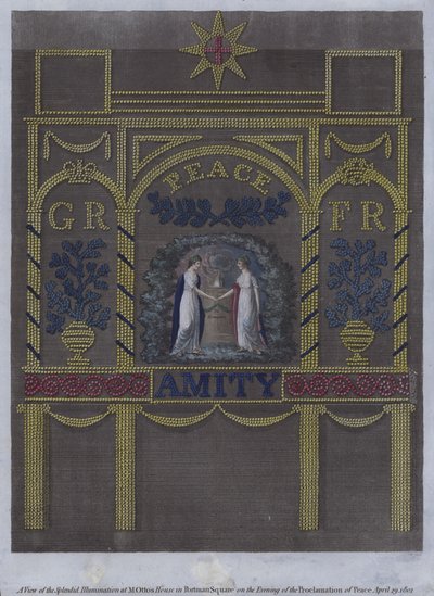 Widok wspaniałej iluminacji w domu M Ottona na Portman Square w Londynie w wieczór ogłoszenia pokoju, 29 kwietnia 1802 r. (kolorowa grawerunek) autorstwa English School