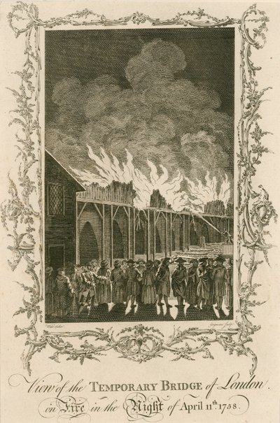 Widok na prowizoryczny most londyński płonący w nocy 11 kwietnia 1758 r. autorstwa English School