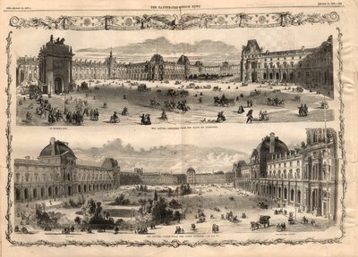 Widoki na Cour Carree du Louvre w Paryżu. Grawer w „Ilustrowanych wiadomościach londyńskich” z 15 sierpnia 1857 r. autorstwa English School
