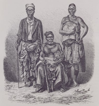Wódz wsi Wybrzeża Loango, z żoną i dygnitarzem, wygrawerowany na podstawie fotografii dr Falkensteina, z „Historii ludzkości”, tom 1, autorstwa prof. Friedricha Ratzela, 1896 autorstwa English School