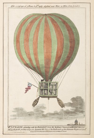 Vincent Lunardi w powietrzu po wynurzeniu z Moorfields, wrzesień 1784 (kolorowy grawerunek) autorstwa English School